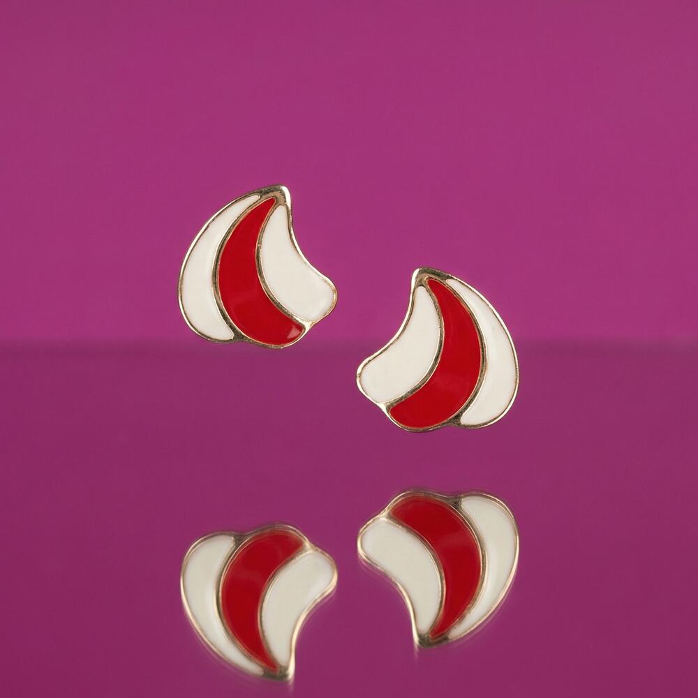 Vintage Mod Enamel Stud Earrings Red & White Swirl Geometric